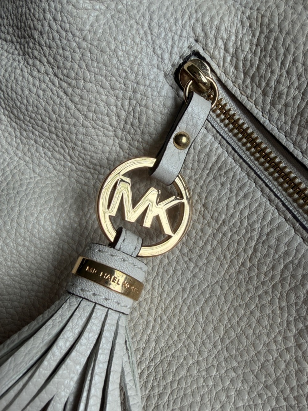 Michael Kors Cream Pebbled Leather Shoulder Hobo with Tassel Charm - Picture 2 of 6